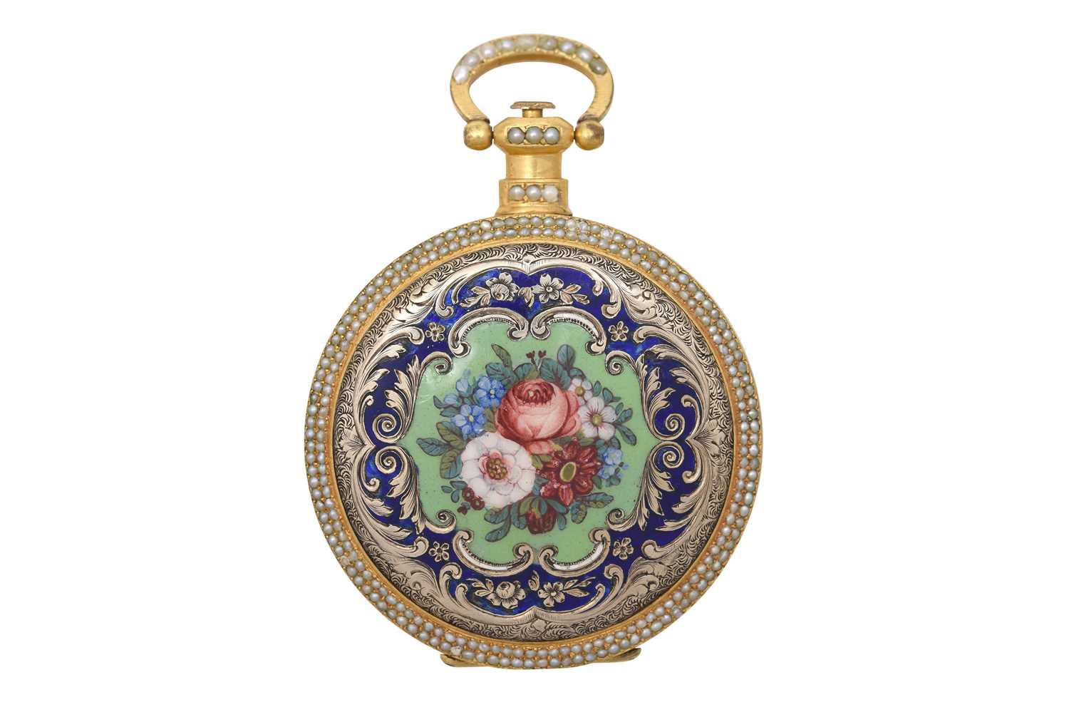 Lot 436 - AN EXTREMELY RARE BOVET GUILLOCHÉ ENAMEL AND PEARL OPEN FACE POCKET WATCH.