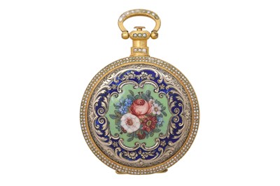 Lot 103 - AN EXTREMELY RARE BOVET GUILLOCHÉ ENAMEL AND PEARL OPEN FACE POCKET WATCH.