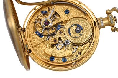 Lot 436 - AN EXTREMELY RARE BOVET GUILLOCHÉ ENAMEL AND PEARL OPEN FACE POCKET WATCH.