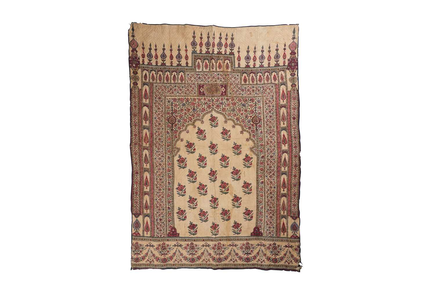 Lot 277 - A QUILTED KALAMKARI PANEL WITH NICHE AND FLORAL DECORATION