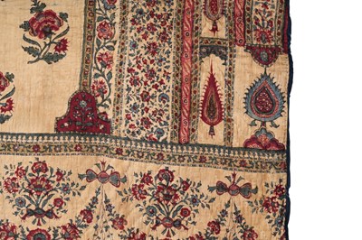 Lot 277 - A QUILTED KALAMKARI PANEL WITH NICHE AND FLORAL DECORATION