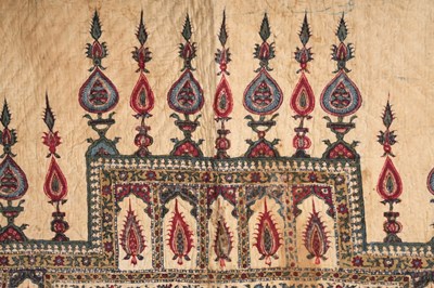 Lot 277 - A QUILTED KALAMKARI PANEL WITH NICHE AND FLORAL DECORATION