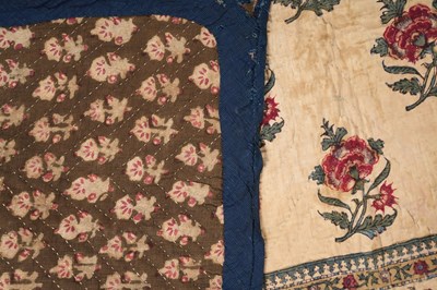 Lot 277 - A QUILTED KALAMKARI PANEL WITH NICHE AND FLORAL DECORATION