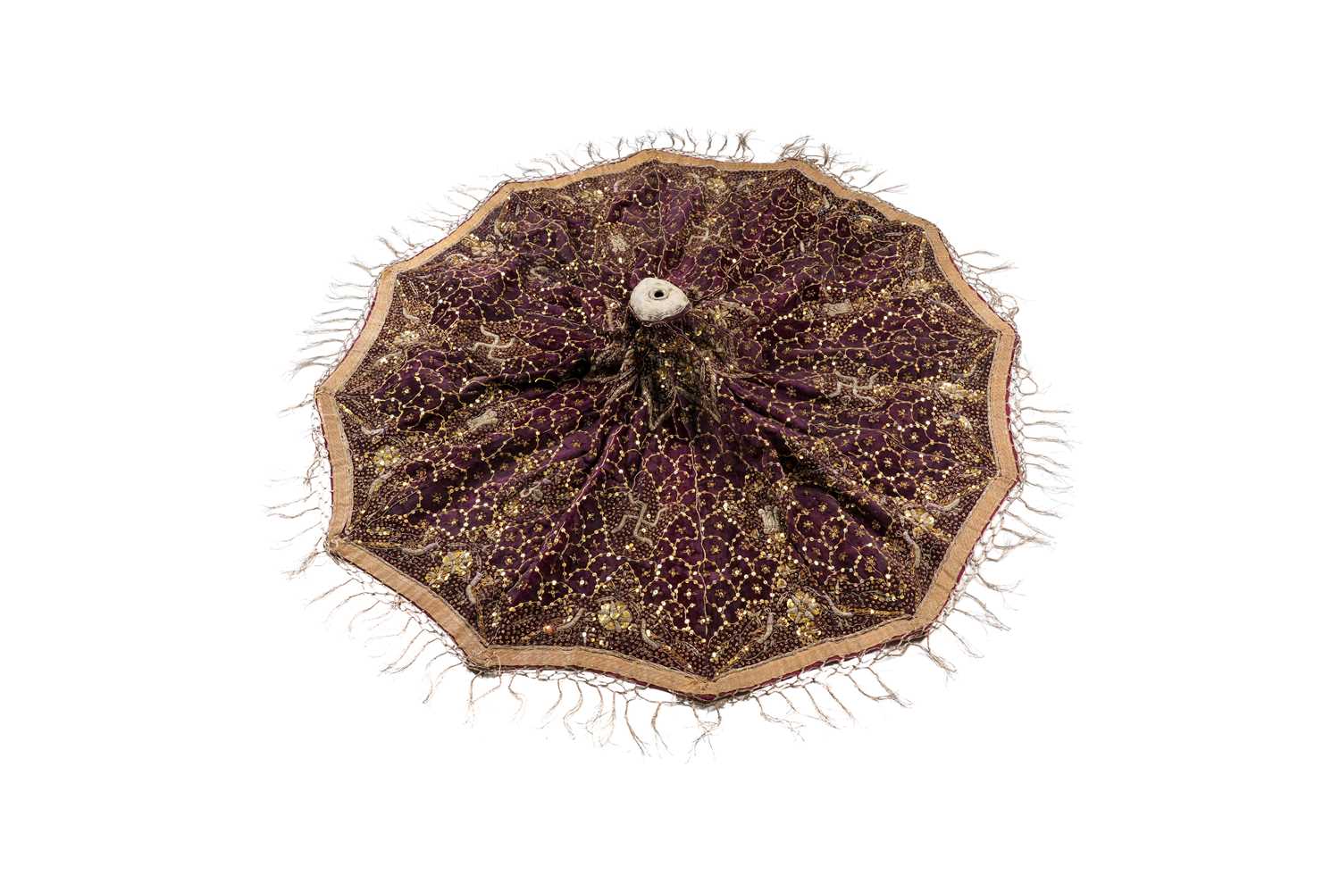 Lot 275 - AN INDIAN EMBROIDERED PURPLE VELVET CEREMONIAL PARASOL COVER