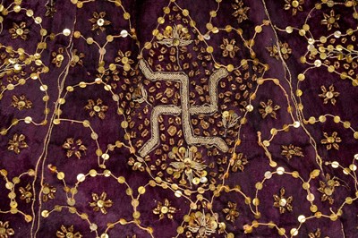 Lot 275 - AN INDIAN EMBROIDERED PURPLE VELVET CEREMONIAL PARASOL COVER