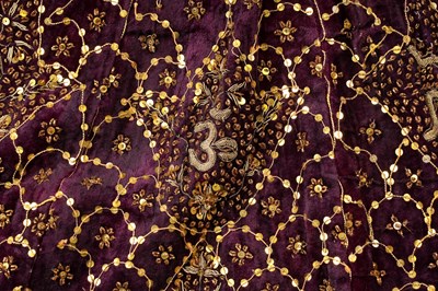 Lot 275 - AN INDIAN EMBROIDERED PURPLE VELVET CEREMONIAL PARASOL COVER