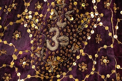 Lot 275 - AN INDIAN EMBROIDERED PURPLE VELVET CEREMONIAL PARASOL COVER
