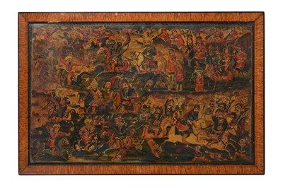 Lot 101 - A LARGE QAJAR LACQUERED PAPIER-MÂCHÉ PANEL WITH A BATTLE SCENE