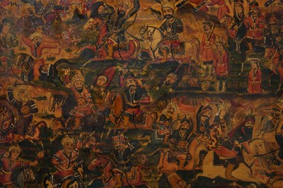 Lot 101 - A LARGE QAJAR LACQUERED PAPIER-MÂCHÉ PANEL WITH A BATTLE SCENE