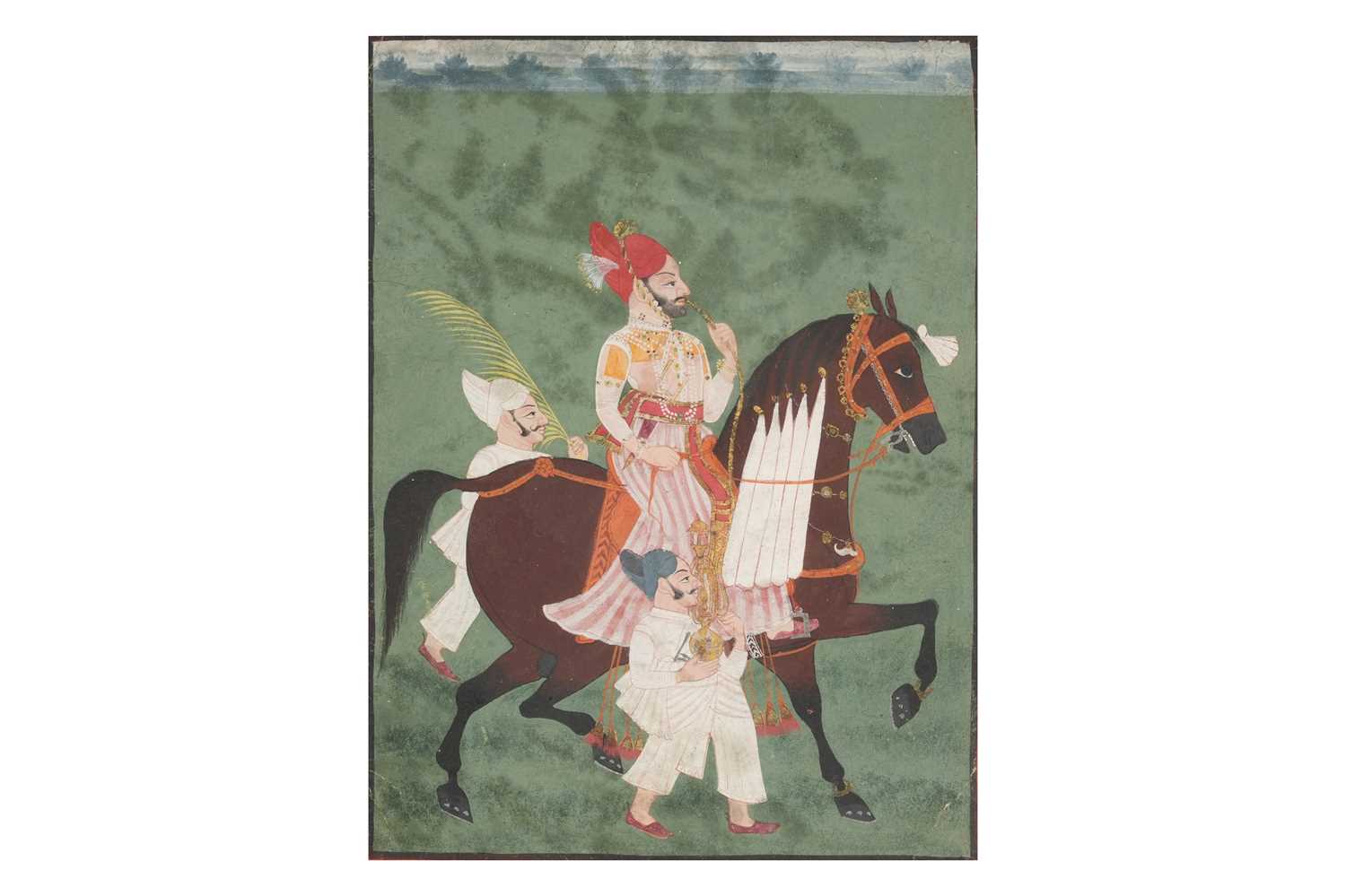 Lot 43 - AN EQUESTRIAN PORTRAIT OF AN INDIAN RAJA SMOKING HUQQA