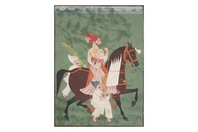 Lot 43 - AN EQUESTRIAN PORTRAIT OF AN INDIAN RAJA SMOKING HUQQA