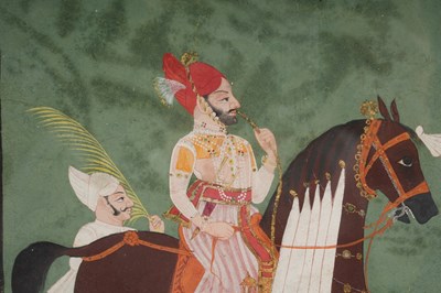 Lot 43 - AN EQUESTRIAN PORTRAIT OF AN INDIAN RAJA SMOKING HUQQA