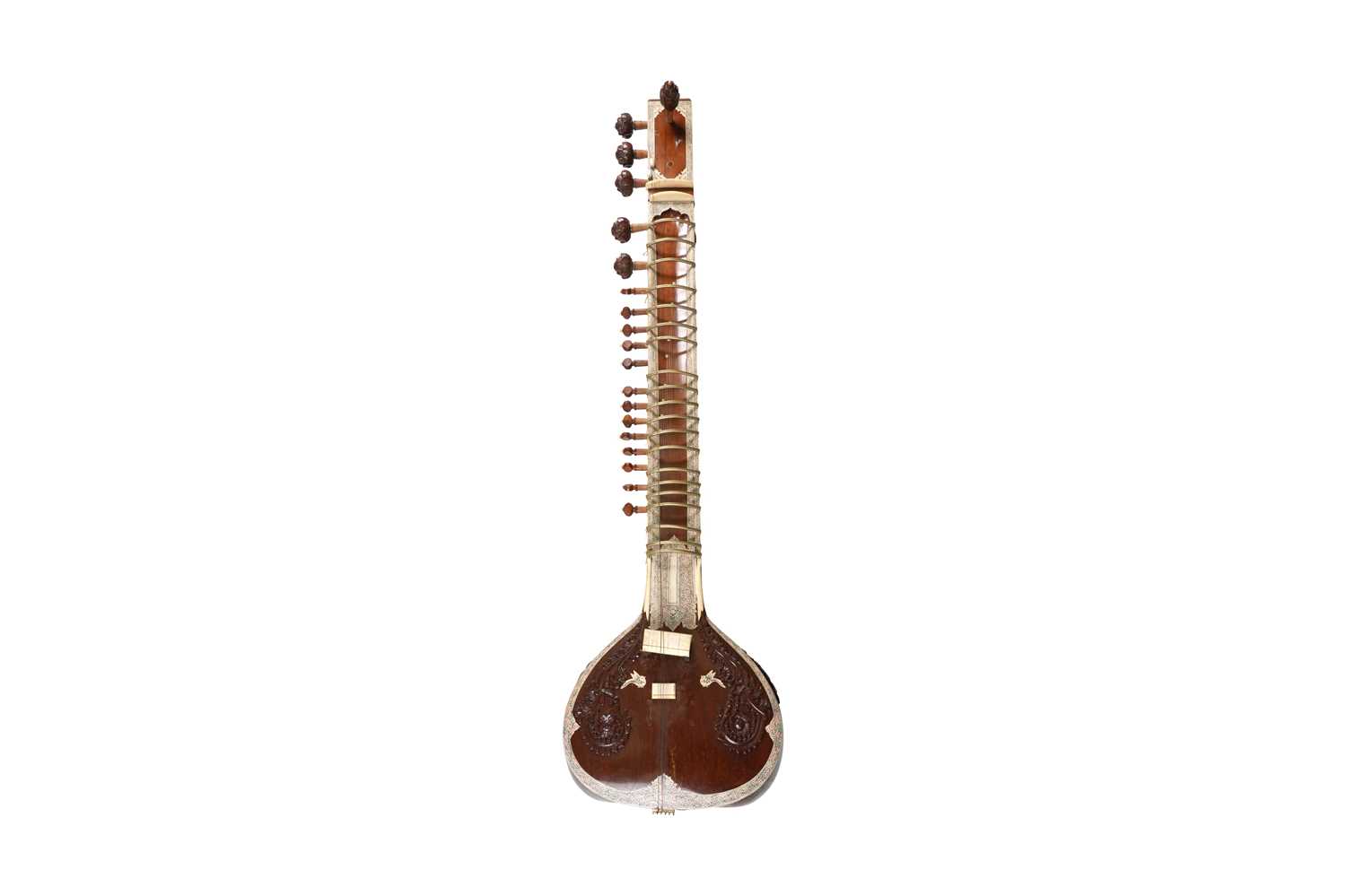 Lot 169 - λ AN INDIAN PAINTED IVORY AND BONE-INLAID HARDWOOD RAVI SHANKAR-STYLE SITAR