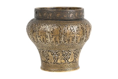 Lot 203 - AN OPENWORK SILVER-INLAID ZAND-STYLE QAJAR BRASS BUCKET