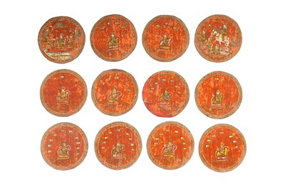 Lot 113 - A SET OF POLYCHROME-PAINTED, GILT AND LACQUERED NINETY-SIX MUGHAL GANJIFA PLAYING CARDS AND BOX