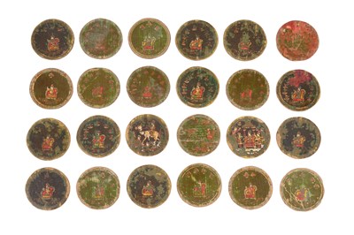 Lot 113 - A SET OF POLYCHROME-PAINTED, GILT AND LACQUERED NINETY-SIX MUGHAL GANJIFA PLAYING CARDS AND BOX