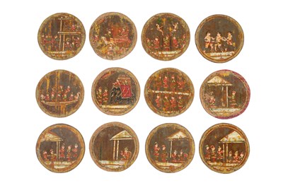 Lot 113 - A SET OF POLYCHROME-PAINTED, GILT AND LACQUERED NINETY-SIX MUGHAL GANJIFA PLAYING CARDS AND BOX