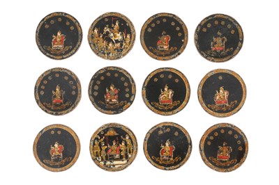 Lot 113 - A SET OF POLYCHROME-PAINTED, GILT AND LACQUERED NINETY-SIX MUGHAL GANJIFA PLAYING CARDS AND BOX