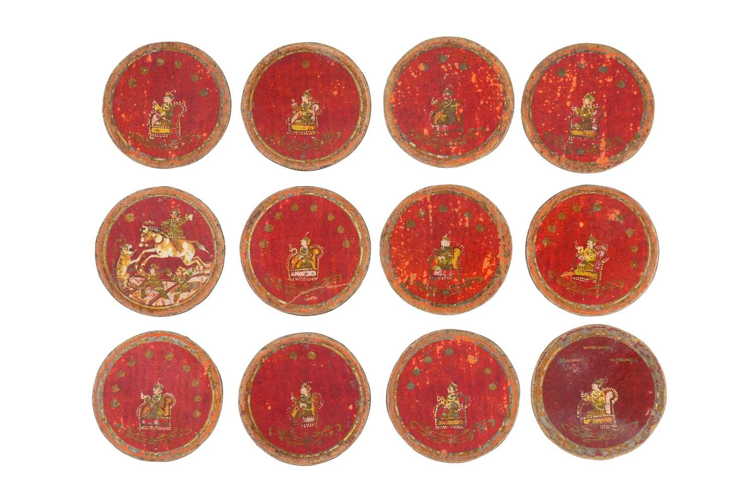 Lot 113 - A SET OF POLYCHROME-PAINTED, GILT AND LACQUERED NINETY-SIX MUGHAL GANJIFA PLAYING CARDS AND BOX