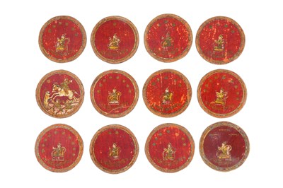 Lot 113 - A SET OF POLYCHROME-PAINTED, GILT AND LACQUERED NINETY-SIX MUGHAL GANJIFA PLAYING CARDS AND BOX