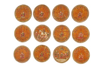 Lot 113 - A SET OF POLYCHROME-PAINTED, GILT AND LACQUERED NINETY-SIX MUGHAL GANJIFA PLAYING CARDS AND BOX