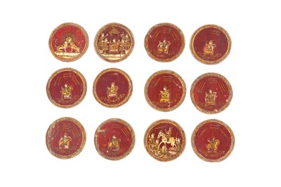 Lot 113 - A SET OF POLYCHROME-PAINTED, GILT AND LACQUERED NINETY-SIX MUGHAL GANJIFA PLAYING CARDS AND BOX