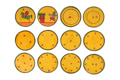 Lot 112 - A SET OF POLYCHROME-PAINTED LACQUERED 120 DASHAVATARA GANJIFA PLAYING CARDS AND BOX