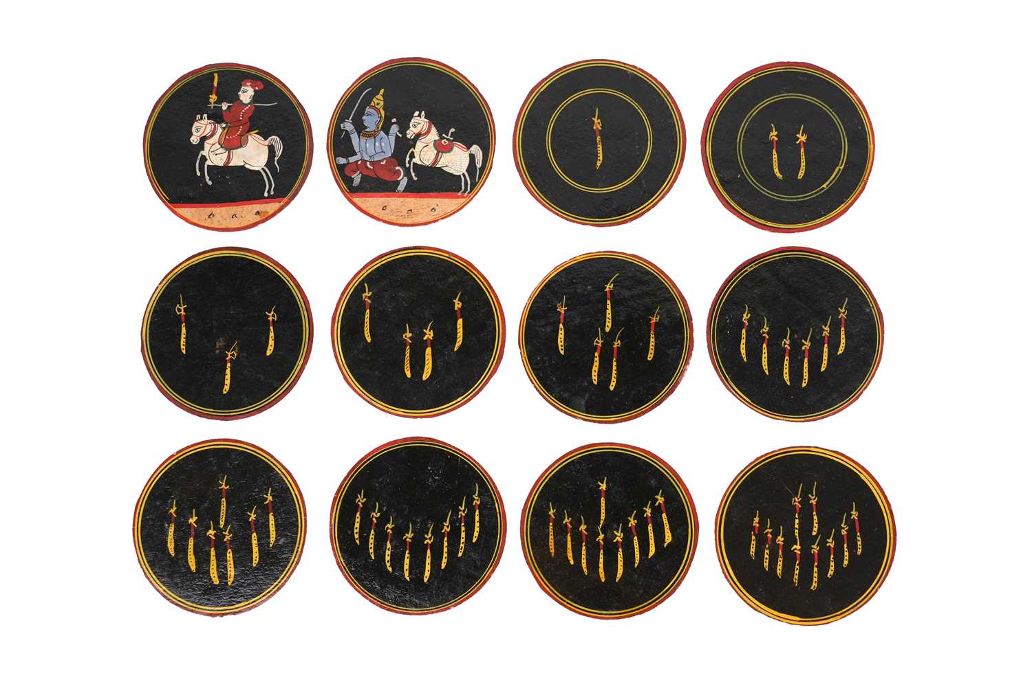Lot 112 - A SET OF POLYCHROME-PAINTED LACQUERED 120 DASHAVATARA GANJIFA PLAYING CARDS AND BOX