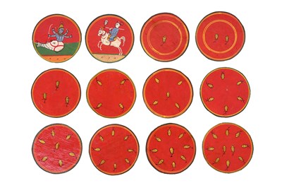 Lot 112 - A SET OF POLYCHROME-PAINTED LACQUERED 120 DASHAVATARA GANJIFA PLAYING CARDS AND BOX