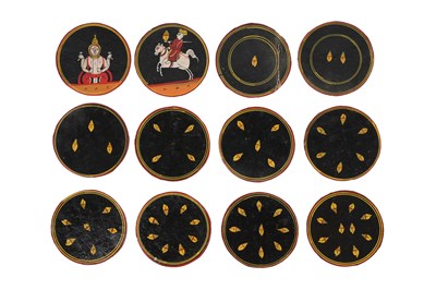 Lot 112 - A SET OF POLYCHROME-PAINTED LACQUERED 120 DASHAVATARA GANJIFA PLAYING CARDS AND BOX