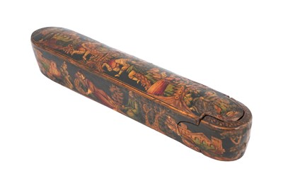 Lot 106 - A QAJAR LACQUERED PAPIER-MÂCHÉ PEN CASE (QALAMDAN) WITH THE BINDING OF ISAAC