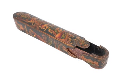 Lot 106 - A QAJAR LACQUERED PAPIER-MÂCHÉ PEN CASE (QALAMDAN) WITH THE BINDING OF ISAAC