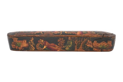 Lot 106 - A QAJAR LACQUERED PAPIER-MÂCHÉ PEN CASE (QALAMDAN) WITH THE BINDING OF ISAAC