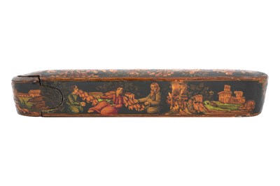 Lot 106 - A QAJAR LACQUERED PAPIER-MÂCHÉ PEN CASE (QALAMDAN) WITH THE BINDING OF ISAAC