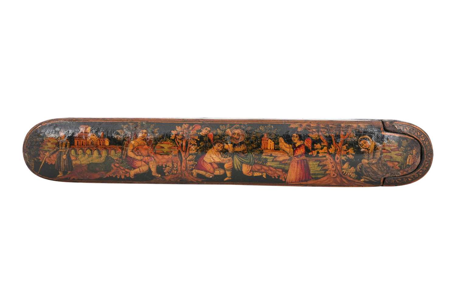 Lot 106 - A QAJAR LACQUERED PAPIER-MÂCHÉ PEN CASE (QALAMDAN) WITH THE BINDING OF ISAAC