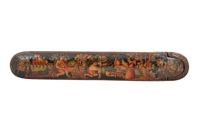 Lot 106 - A QAJAR LACQUERED PAPIER-MÂCHÉ PEN CASE (QALAMDAN) WITH THE BINDING OF ISAAC