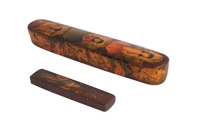 Lot 105 - A QAJAR LACQUERED PAPIER-MÂCHÉ PEN CASE (QALAMDAN) AND A SPECTACLE CASE WITH QAJAR BEAUTIES