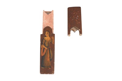 Lot 105 - A QAJAR LACQUERED PAPIER-MÂCHÉ PEN CASE (QALAMDAN) AND A SPECTACLE CASE WITH QAJAR BEAUTIES