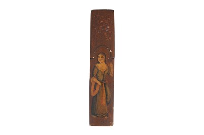 Lot 105 - A QAJAR LACQUERED PAPIER-MÂCHÉ PEN CASE (QALAMDAN) AND A SPECTACLE CASE WITH QAJAR BEAUTIES