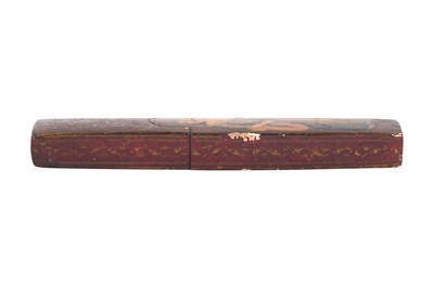 Lot 105 - A QAJAR LACQUERED PAPIER-MÂCHÉ PEN CASE (QALAMDAN) AND A SPECTACLE CASE WITH QAJAR BEAUTIES