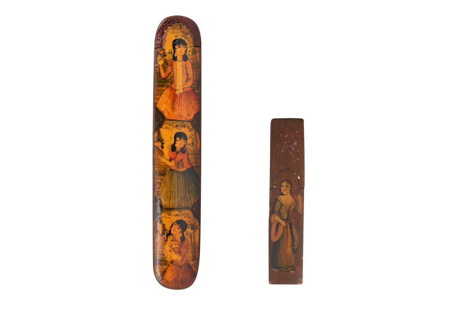 Lot 105 - A QAJAR LACQUERED PAPIER-MÂCHÉ PEN CASE (QALAMDAN) AND A SPECTACLE CASE WITH QAJAR BEAUTIES
