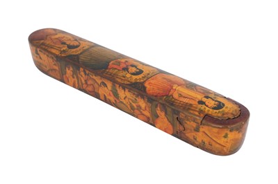 Lot 105 - A QAJAR LACQUERED PAPIER-MÂCHÉ PEN CASE (QALAMDAN) AND A SPECTACLE CASE WITH QAJAR BEAUTIES