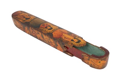 Lot 105 - A QAJAR LACQUERED PAPIER-MÂCHÉ PEN CASE (QALAMDAN) AND A SPECTACLE CASE WITH QAJAR BEAUTIES