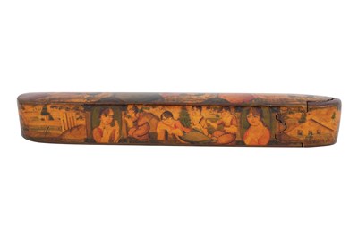 Lot 105 - A QAJAR LACQUERED PAPIER-MÂCHÉ PEN CASE (QALAMDAN) AND A SPECTACLE CASE WITH QAJAR BEAUTIES