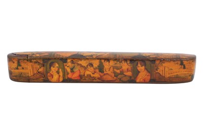 Lot 105 - A QAJAR LACQUERED PAPIER-MÂCHÉ PEN CASE (QALAMDAN) AND A SPECTACLE CASE WITH QAJAR BEAUTIES