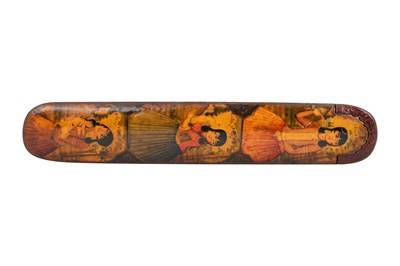 Lot 105 - A QAJAR LACQUERED PAPIER-MÂCHÉ PEN CASE (QALAMDAN) AND A SPECTACLE CASE WITH QAJAR BEAUTIES