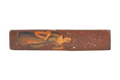 Lot 105 - A QAJAR LACQUERED PAPIER-MÂCHÉ PEN CASE (QALAMDAN) AND A SPECTACLE CASE WITH QAJAR BEAUTIES