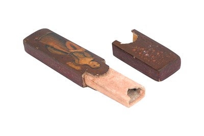 Lot 105 - A QAJAR LACQUERED PAPIER-MÂCHÉ PEN CASE (QALAMDAN) AND A SPECTACLE CASE WITH QAJAR BEAUTIES
