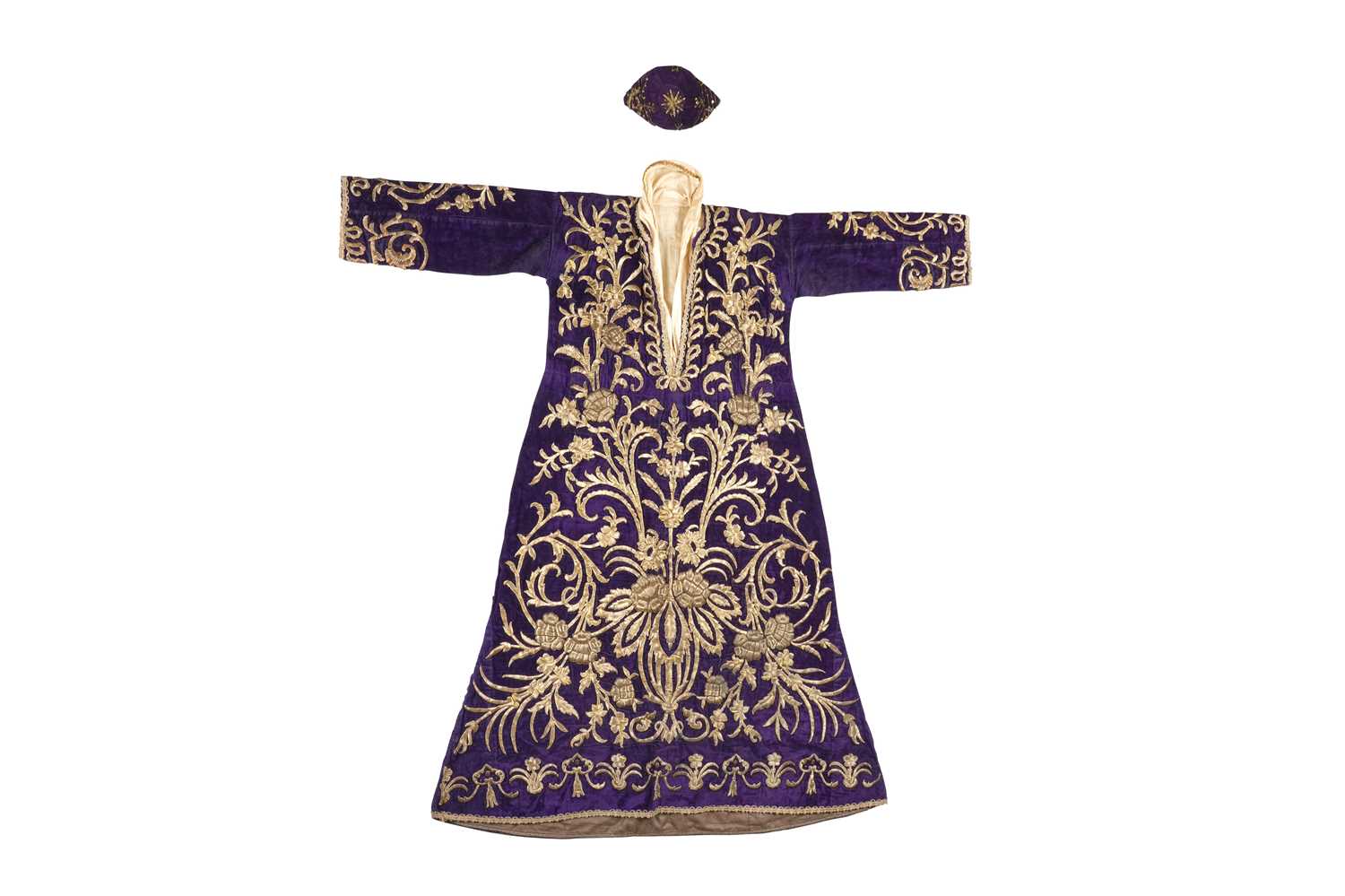 Lot 270 - A FINE OTTOMAN METAL-THREAD EMBROIDERED PURPLE VELVET BRIDAL ROBE WITH MATCHING HAT