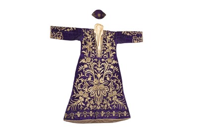 Lot 270 - A FINE OTTOMAN METAL-THREAD EMBROIDERED PURPLE VELVET BRIDAL ROBE WITH MATCHING HAT